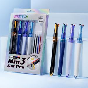 WRITECH Retractable Gel Ink Pens: 0.5mm Fine Point 3 in 1 Multi Colored Pen Black Blue Red, 4ct with 4 Refills No Smear Assorted Colors Min 3 for Smooth Writing Journaling Drawing