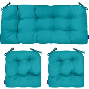 3 Piece Tufted Wicker Cushions for Patio Furniture, Outdoor Wicker Chair Cushions with Ties, Water-Repellent Wicker Furniture Cushions, 1 Loveseat and 2 U-Shaped Cushion Set (Aqua Green)