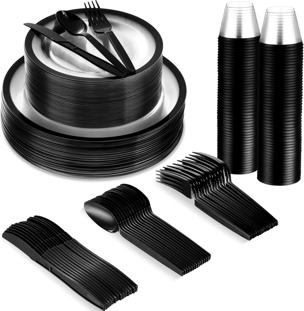 Norme 500 Pcs Disposable Plastic Dinnerware Set for 100 Guests, Disposable Dinnerware Set for Birthday Wedding Party of 100 Plastic Plates, 100 Plastic Cups, 100 Spoons, 100 Forks, 100 Knives(Black)