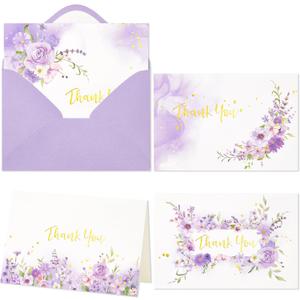 Crisky Thank You Cards 4 Assortment, Watercolor Painted Purple Florals (50 Cards with Envelopes for Birthday, Baby Shower, Bridal Shower, Wedding, All Occasion)