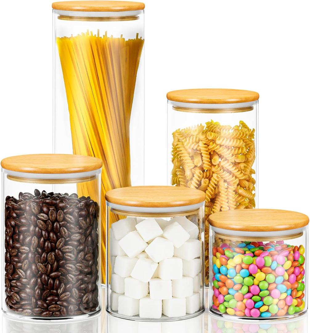 Airtight Glass Food Storage Containers with Lids,5-Pack Pantry Storage Canisters Set,19/26/33/45/68 Ounces Kitchen Jars for Flour,Sugar,Salt,Coffee Beans,Cereal,Spice,Creamer & Overnight Oats