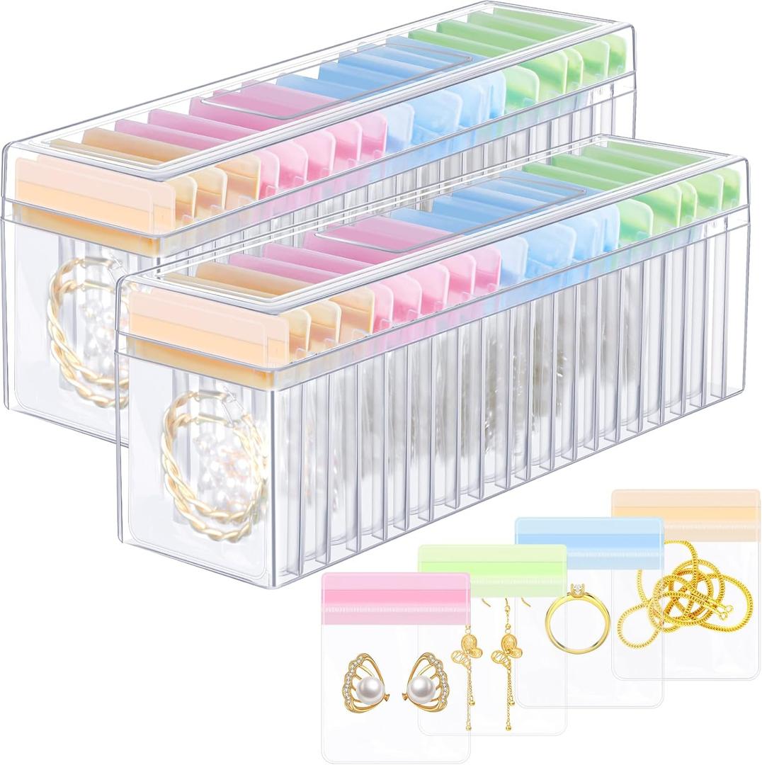 Kenning 42 Pcs Acrylic Jewelry Case Organizer, Clear Jewelry Organizers Holder with Portable Anti Tarnish Storage Bags for Rings, Earrings, Necklaces, Ideal Gifts for Women (Four Color Mixture)