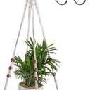 Hedume Macrame Plant Hanger with 2 Pack Ceiling Hooks, Indoor Outdoor Hanging Plant Holder with Large Tray for Succulents, Cacti, Small Plants, Boho Bohemian Home Decor with Wood Beads