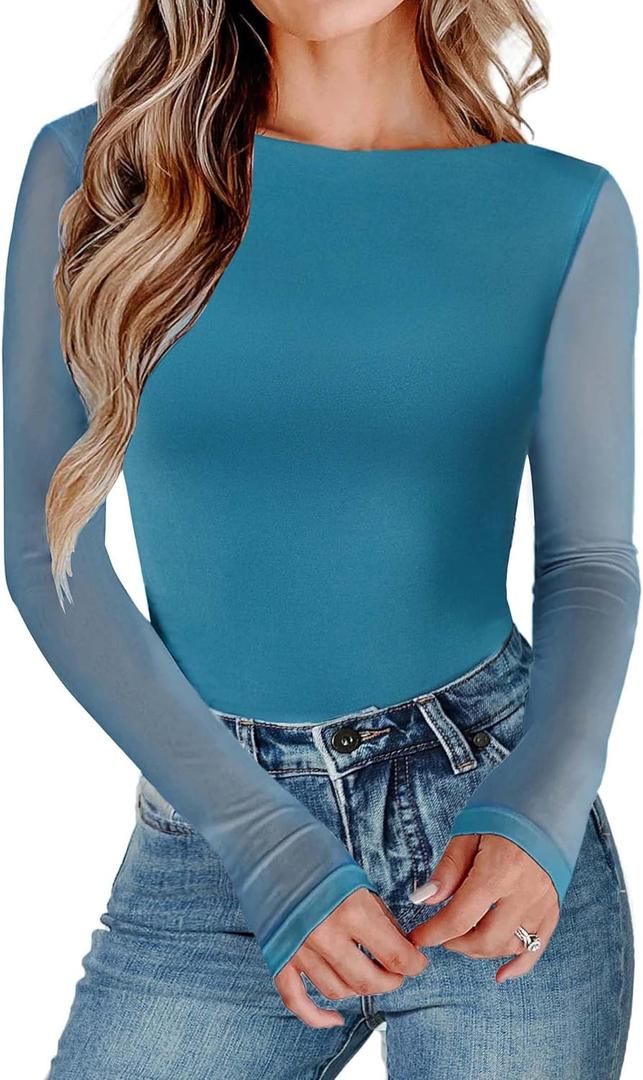 Avidlove Women Long Sleeve Body Suits Mesh Boat Neck Shapewear Bodysuit Crew Neck Leotards Going Out Tops Fall Outfits (Large, Deep Blue)