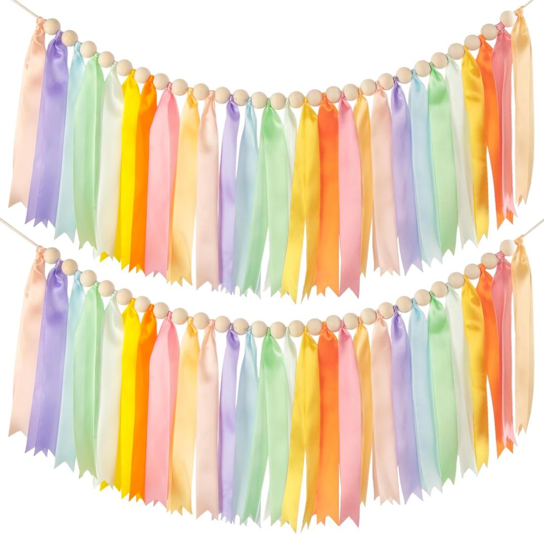 2 Packs Pastel Rainbow Ribbon Garland, Colorful Hanging Banner for Back to School Classroom Decoration, Wall Hanging for Nursery, Handmade Banner Decor for Baby Shower Party Birthday