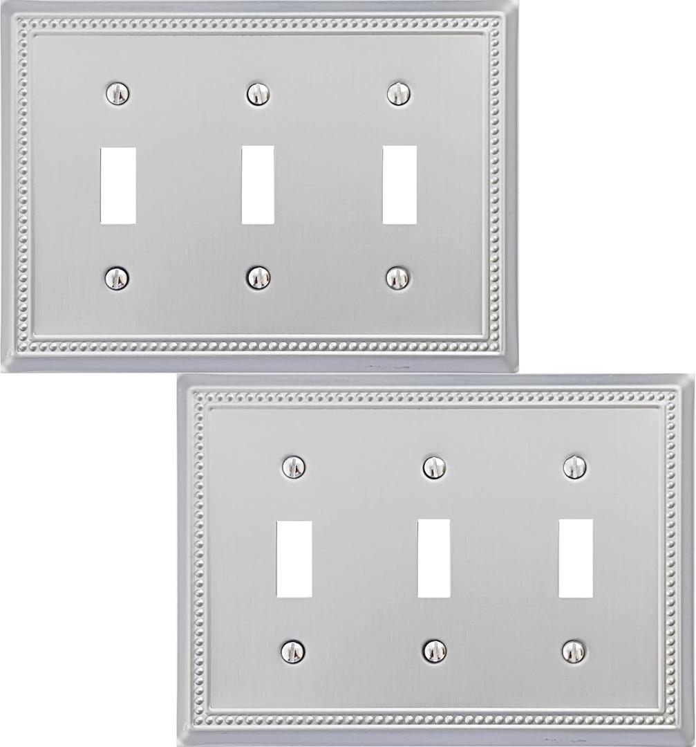Triple Toggle Light Switch Cover Belaire Beaded Metal Wall Plate, 2-Pack Brushed Nickel 3 Gang, Light Switch Cover Decorative Wallplate, Durable