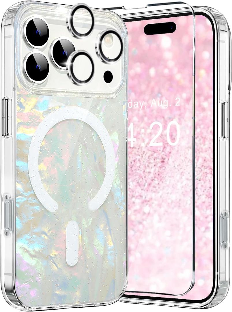 Case Compatible iPhone 17 Pro Max MagSafe Iridescent Glitter Sparkly,Opal Pearly Bling Magnet Translucent Case +1 Screen 1 Camera Cover for Women Girl iPhone 17 Pro Max 6.9"(Colorful Cloud)