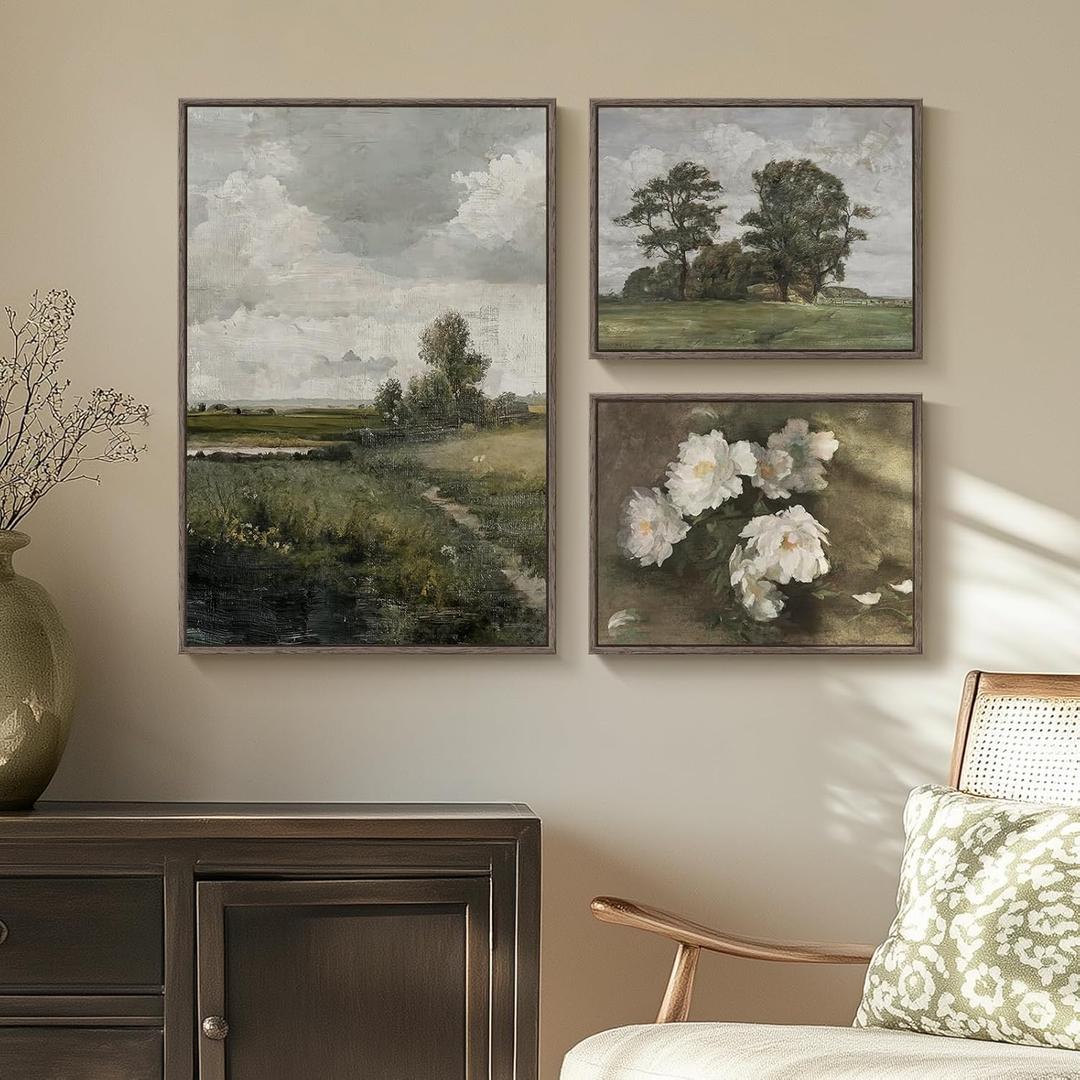 3 Piece Framed Vintage Landscape Canvas Wall Art Set, Large Green Tree and Floral Farmhouse Artwork for Walls, French Country Retro Nature Prints Paintings for Living Room Bedroom Fireplace Wall Decor