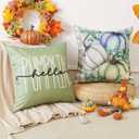 2 x Artscope Fall Decorative Throw Pillow Covers 20x20 Inch Set of 4, Hello Pumpkin Give Thanks Buffalo Plaid Outdoor Farmhouse Pillow Cases for Home Sofa Couch-Green