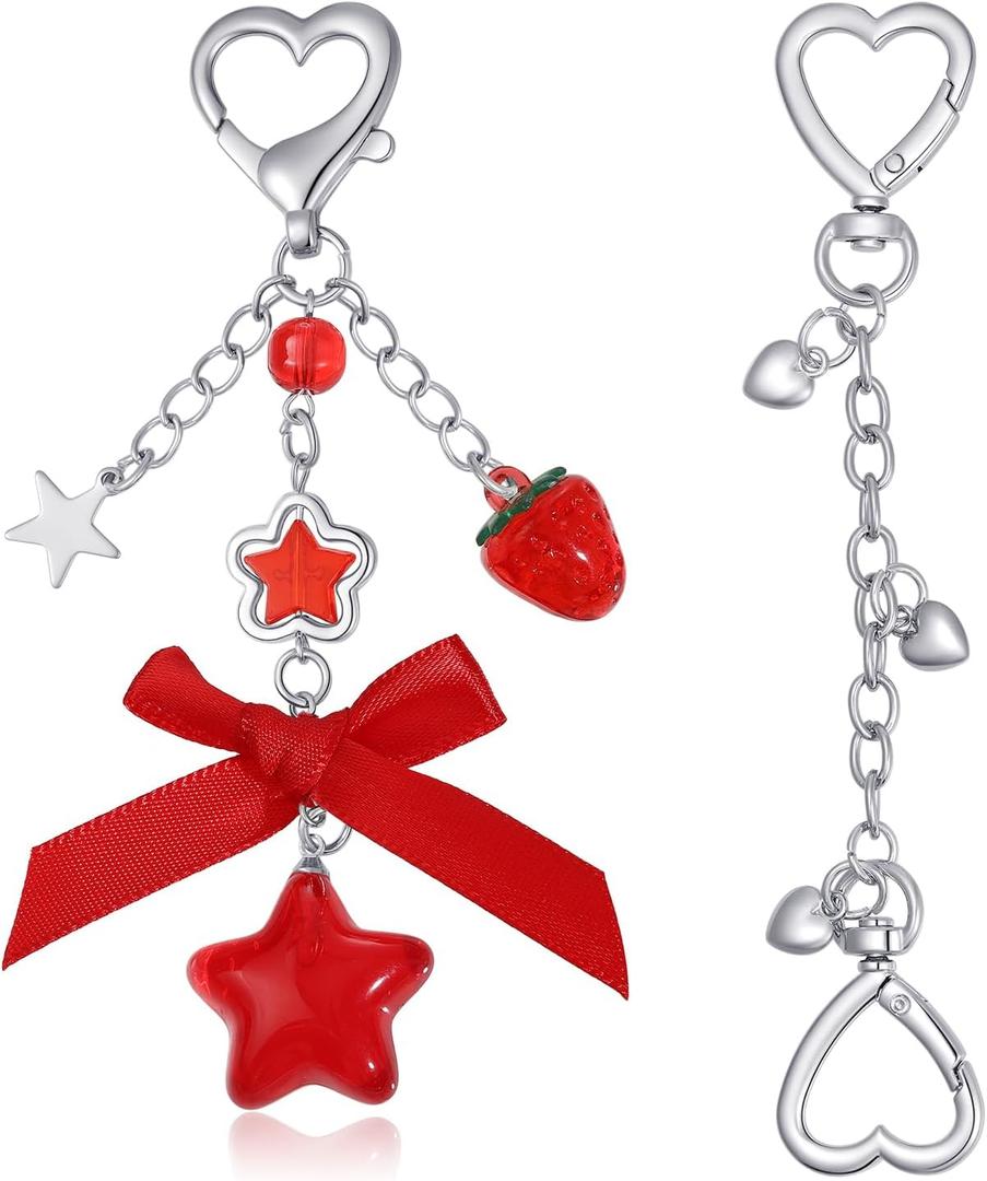 2Pcs Cute Purse Charms Purse Extender Chain,Y2K Strawberry Keychain Bow Keychain,Kawaii Heart Star Bag Charm