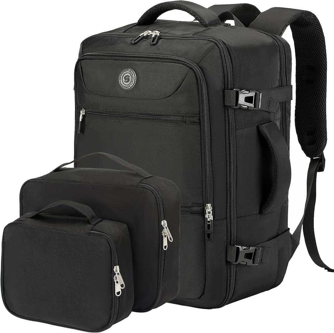 SHRRADOO Travel Backpack for Women & Men,Airline Approved Carry On Luggage,TSA Overnight Bags,40L Personal Item Travel Bag fits 17" Laptop,Carry on Bag with Underwear Bag Cosmetic Bag Set 3pcs (Black)