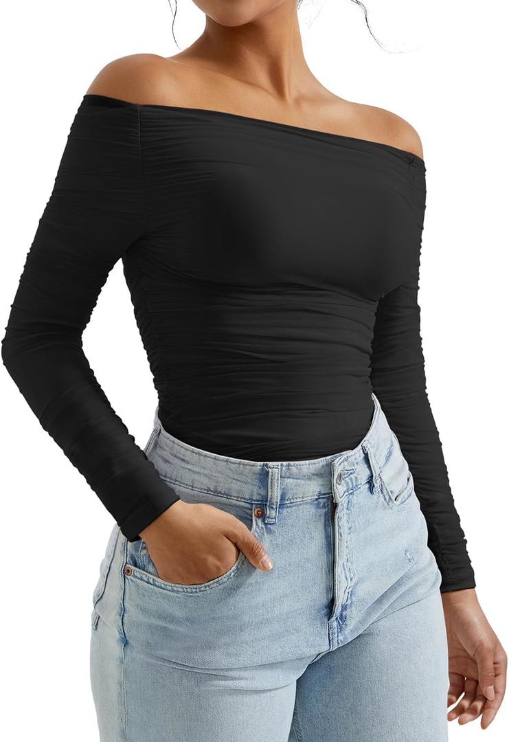 OMKAGI Women Long Sleeve Tops Boat Neck Off Shoulder Shirts Fitted Going Out Y2K Crop Top (Black, XS)