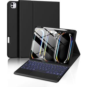 Harvopu for iPad Pro 13 Inch Case with Keyboard (M5/M4) 2025/2024, Magnetic Wireless Detachable Keyboard with Multi-Touch Trackpad 7 Colors Backlit Stain Proof Folio Cover for iPad Pro 13 Inch, Black