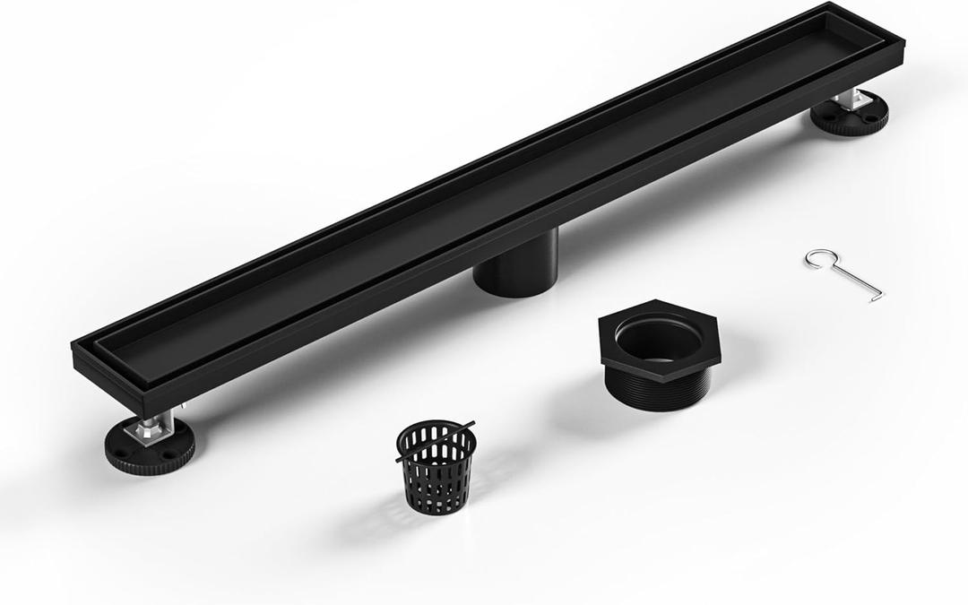 Linear Shower Drain 24" Matte Black 304 Stainless Steel | Fast Drainage | Tile Inserted | Stainless Floor Drain Grate | Hair Strainer | Drain Key | The Upgrade for Your Bathroom