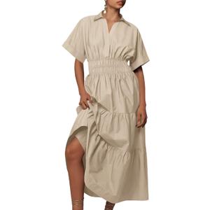Wenrine Womens Summer Short Sleeve Maxi Dresses Casual V Neck Smocked Loose Tiered Flowy Shirt Dress with Pockets (Size Large, Khaki)