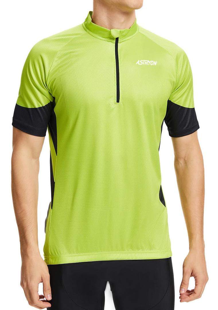 ASTRYON Mens Cycling Jersey Short Sleeve UPF Half Zip with 3+1 Zipper Pockets Breathable Quick Dry Moisture Wicking Fabric Green (L)