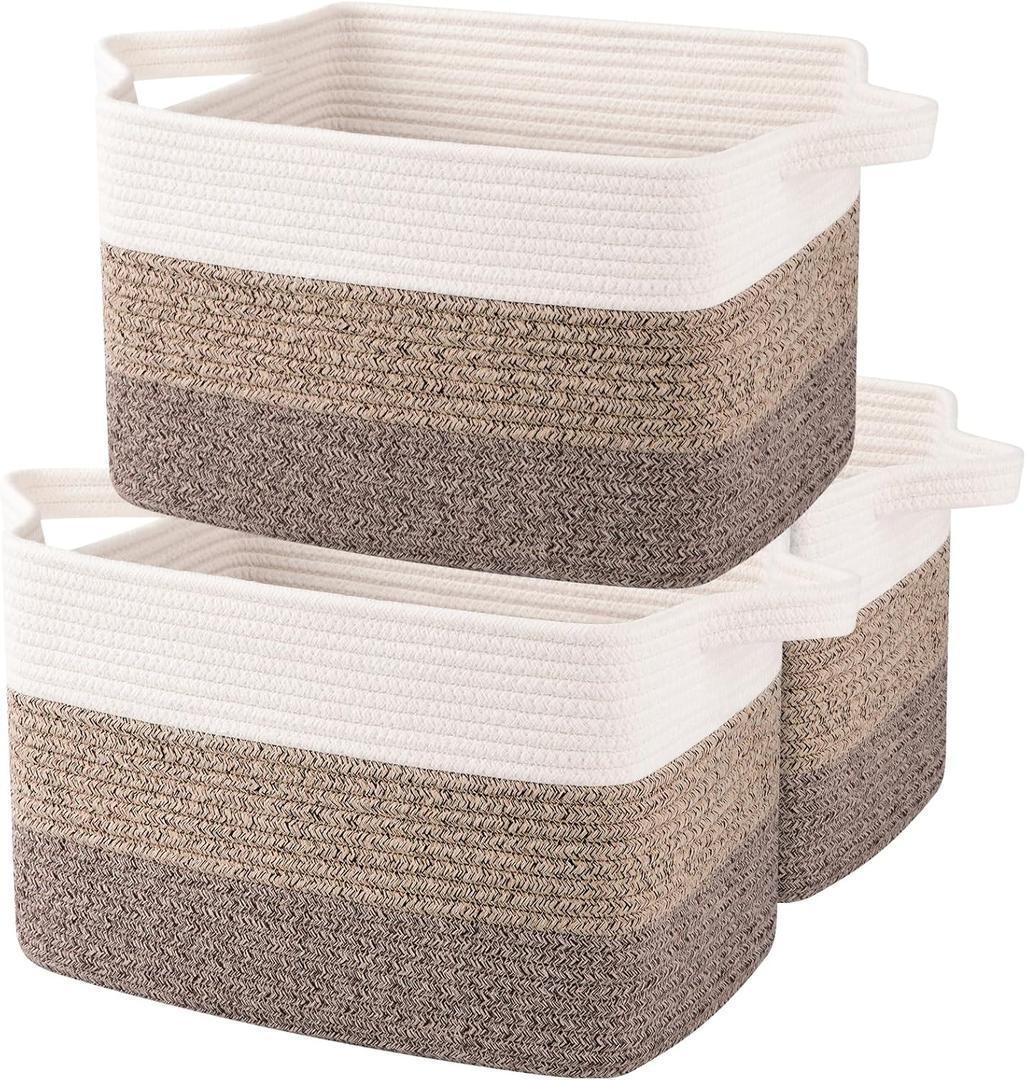 OIAHOMY Storage Basket, Woven Baskets for Storage, Cotton Rope Basket for toys,Towel Baskets for Bathroom - Pack of 3, Gradient Dark Brown (3 pcs-13x9.9x8.7)