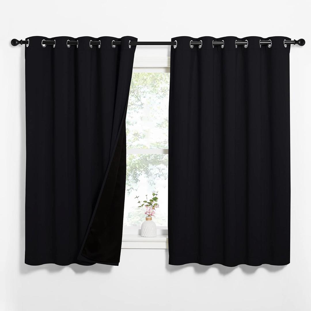 NICETOWN Complete 100% Blackout Curtains, Thermal Insulated & Energy Efficiency Window Draperies with Black Liner, Noise Reducing Short Curtains for Kids Room (Black, 62-inch W by 63-inch L, 2 Panels)