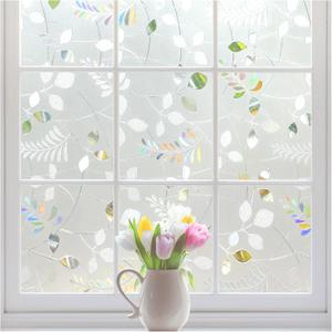 rabbitgoo Window Privacy Film, Frosted Glass Window Film, Stained Glass Removable Decorative Privacy Sticker, Non Adhesive UV Blocking Front Door Covering for Home, 3D Autumn Leaf, 17.5" x 78.7"