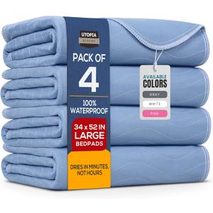 Utopia Bedding Washable Underpads 34" x 52" (Pack of 4), Waterproof Reusable Heavy Absorbency Incontinence Bed Pads for Adults, Kids, Elderly and Pets, Bedwetting Pads for Sofa and Couch (Blue)