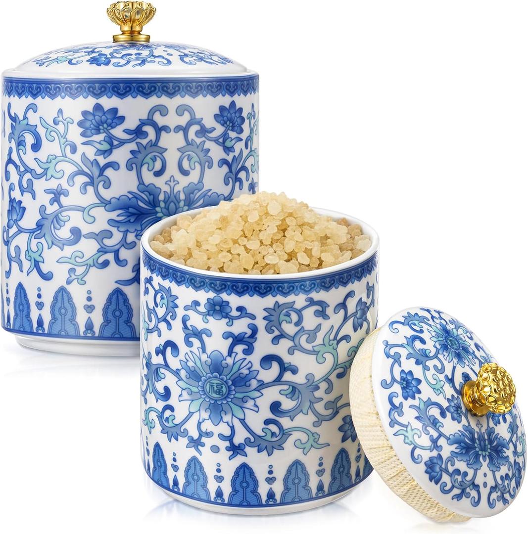 2 Pcs Vintage Blue and White Porcelain Salt Cellar with Lid Ceramic Salt Holder Container for Countertop Coffee, Sugar, Spices and Candies, Airtight Spice Jar, Kitchen Storage Dish