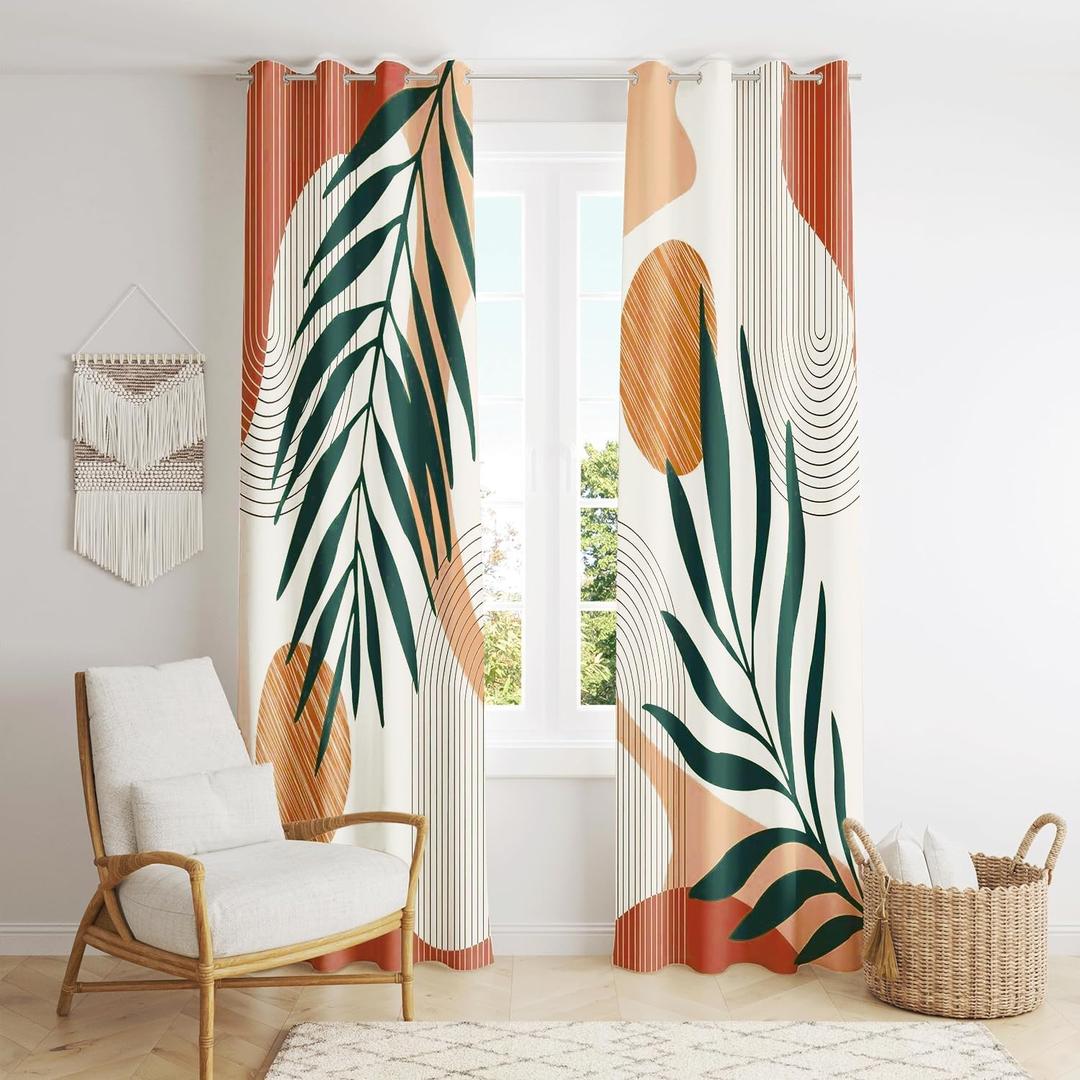 Mid Century Modern Curtains Set Thick Cotton Boho Curtain Blackout for Bedroom Bohemian Style Decor Window Leaf Print Classical Drapes for Living Dining Room, 2 Panels, W5272" L (2 Panels, W52  L72)