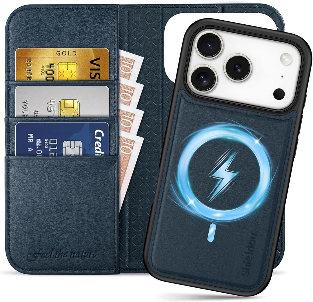 SHIELDON Detachable Wallet Case for iPhone 17 Pro 6.3" | Genuine Leather, Wireless Charging, RFID Blocking Credit Card Slot, Flip Magnetic Closure, Removable Shockproof Phone Cover 2025 - Navy Blue