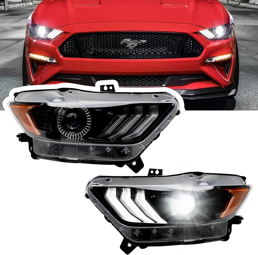 LED Mustang Projector Headlight Assembly, OEM-Style Headlight with Amber Reflector, Headlight Assembly Compatible with Ford Mustang 2015 2016 2017 (HID/Xenon Model)