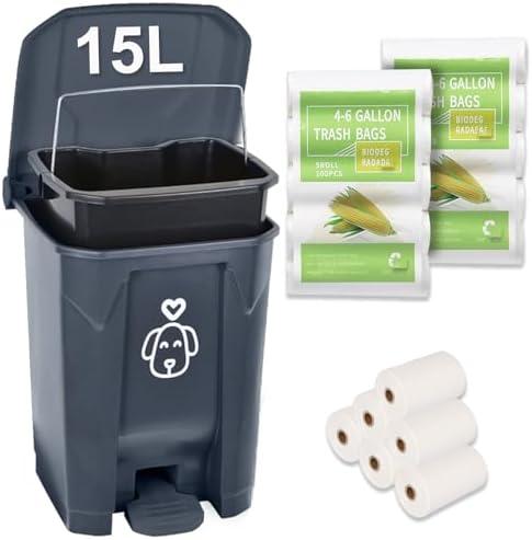 Outdoors Dog Poop Trash Can with Lid & 290PCS Waste Bags, Cute Dog Waste Trash Can for Dog Poop, Yard, Home, Garden, Kitchen, 15 Litre Grey Step with Removable Inner Bin, AG