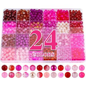 XSEINO About 1200PCS 6mm Glass Beads Bracelet Making Kit,24 Assorted Red and Pink Series Colorful Crystal Beads for Bracelet and Jewelry Making and DIY Crafts,Friendship Bracelets