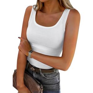 Roselux Women's Sleeveless Scoop Neck Fitted Tank Top Ribbed Knit Casual Basic Cami Shirts (Medium, White)