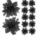 Canlierr 12 Pieces 5.7 Inch Christmas Poinsettia Flower Christmas Glitter Artificial Flower with Clips Xmas Tree Ornament for Wreath Garland Party Decor (Black)
