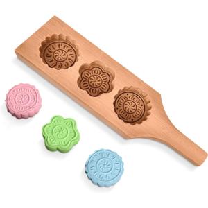 Wooden Cookie Molds for Baking - 11.8" Mooncake Mold in Handcrafted Wood for Shaping Dough - Maamoul Molds with 3 Floral Cookie Stamps for Forming Maamoul, Mooncakes, Shortbread and Festive Cookies