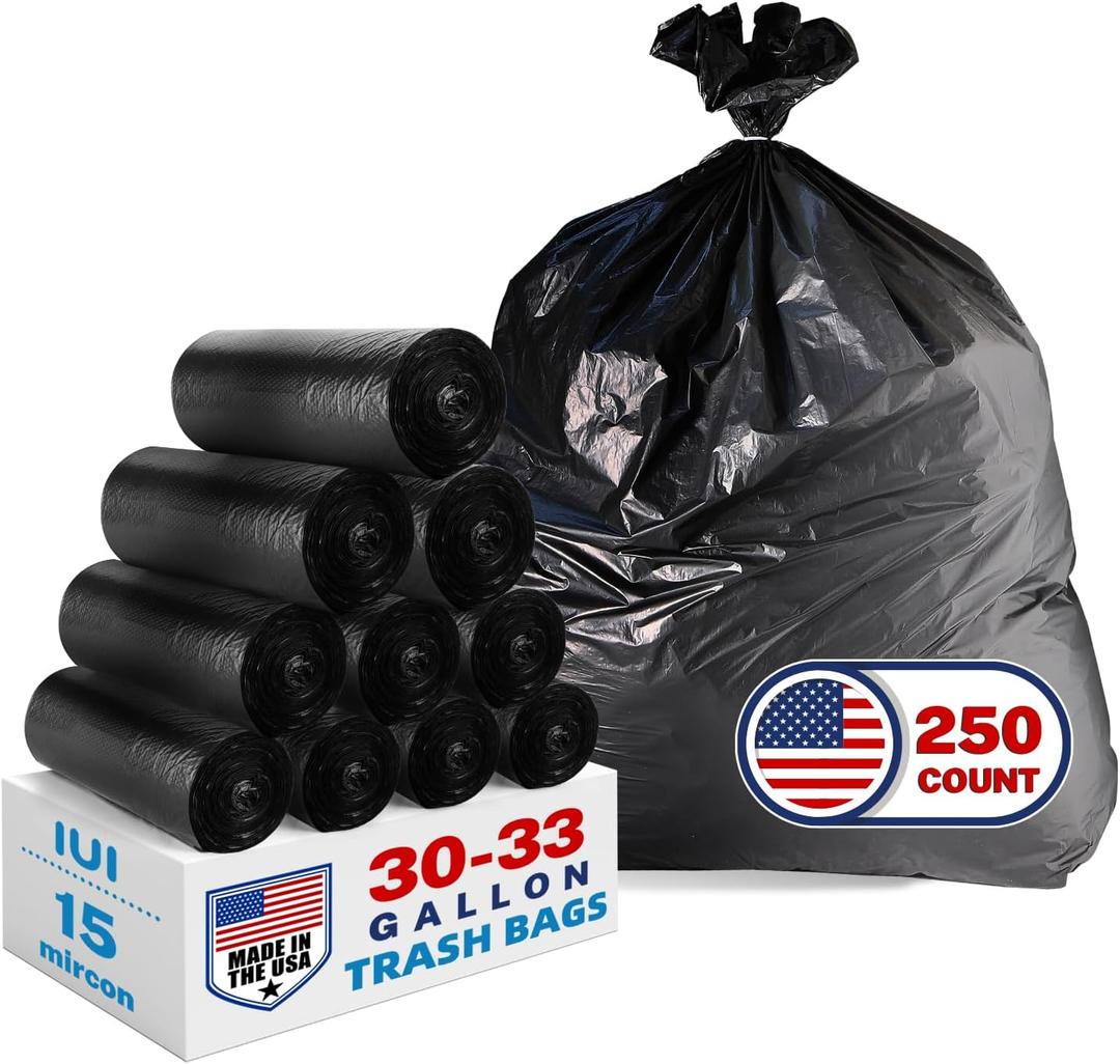 IUI 30-33 Gallon Trash Bags, 250 Count, 32 x 38" Black Garbage Bags for Home, Kitchen Waste, Lawn and Leaf, Durable & Tear-Resistant, Made in USA