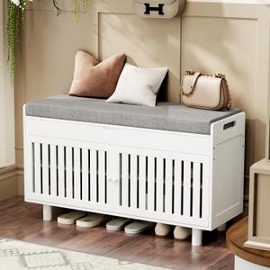 Oakvivo Storage Bench, Bamboo Shoe Bench with Padded Seat Cushion & 2 Doors, 2-Tier Entryway Bench with Lift Top Hidden Storage, 35.4" W x 12.6" D x 19.7" H, Shoe Rack Cabinet for Entryway, Living Room, White