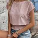 Elastic Waist Eyelet Tops for Women Summer Smocked Crewneck Short Sleeve Tee Crop Casual Plain T Shirts for Vocation Work (Pink, L)