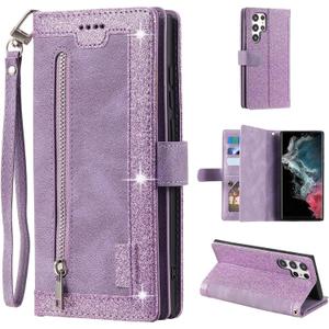UEEBAI Wallet Case for Samsung Galaxy S25 Ultra 5G, 9 Card Holder Slots Zipper Pocket Handbag Case Magnetic Closure Kickstand with Wrist Strap TPU Shockproof Flip Case for Women - Glitter Purple
