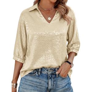 Cicy Bell Womens 3/4 Sleeve Sparkly Tops Metallic Casual Blouses Loose Fit Collared V Neck Glitter Party Shirts (Gold)