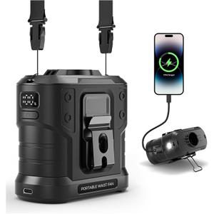 10000mAh Portable Waist Fan Rechargeable, 5 Speeds 16000RPM Brushless Motor Strong Airflow, Hands-Free Wearable Cooling Personal Shirt Belt Fan for Outdoor Jobsite, Camping, Travel