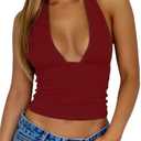 ForeFair Women Sexy Halter Deep V Neck Backless Crop Tank Top Open Back Sleeveless Slim Fit Y2k Summer Tops, Small