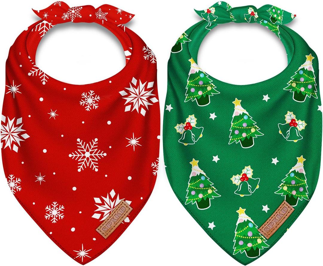 2 x Christmas Dog Bandanas 2 Pack Washable Soft Cotton Christmas Tree & Snowflakes Scarf Multiple Sizes Offered Premium Durable Fabric Adjustable Fit for Small, Large & Extra Large Dogs