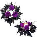 2pcs 11.8" Halloween Candle Rings Wreaths Artificial Glitter Purple Roses Dead Branches Black Leaves Candle Rings Holder Halloween Mini Wreaths for Table Centerpiece Home Dinner Table Christmas Decor