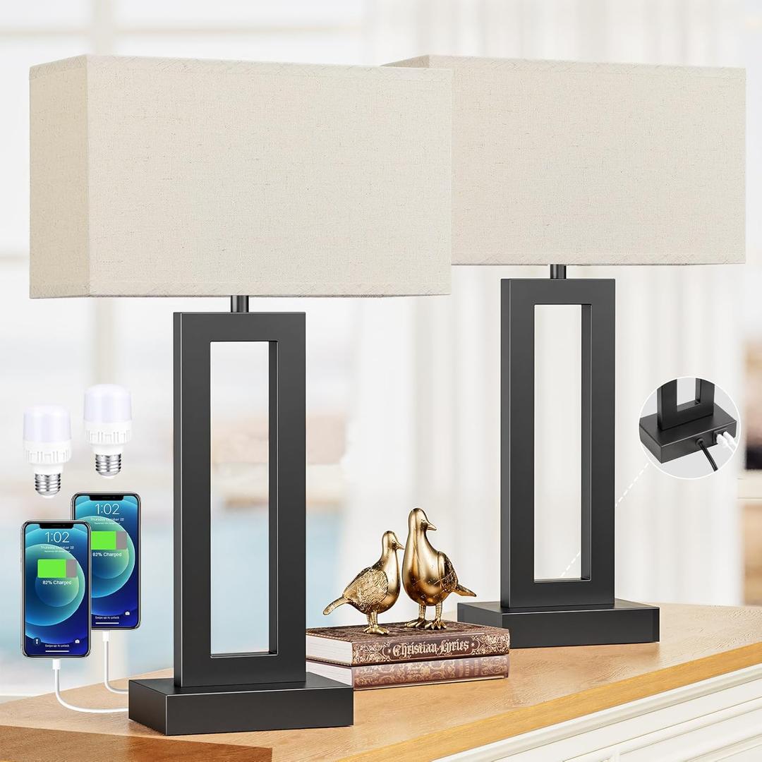 Modern 22" Tall Bedside Lamps for Night Stands - Touch 3 Way Dimmable Bedroom Lamps (Set of 2) with USB C+A (Beige & Black)