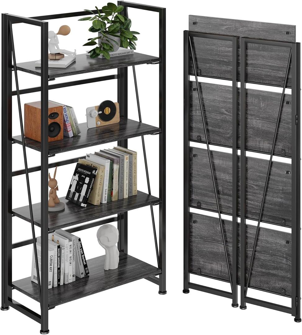 BHG Vintage Multifunctional Folding Bookshelf, No-Assembly Plant Stand Storage Rack Shelves for Home Office (Gray, 4-Tier) (Grey)