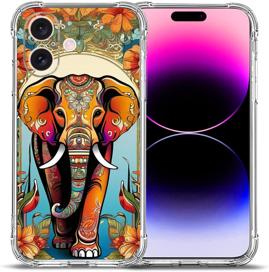 Case for iPhone 16,Orange Elephant Flowers Drop Protection Shockproof Case TPU Full Body Protective Scratch-Resistant Cover for Apple iPhone 16