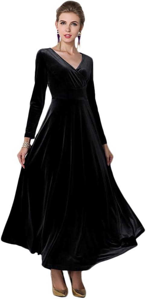 EXCHIC Women's Elegant Velvet Long Sleeve Maxi Dress Evening Party Dancing Dresses (Large, Black)