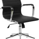 Silla de oficina de piel sinttica con reposabrazos acolchados, silla de escritorio con respaldo medio con base cromada, color negro