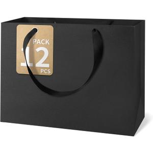 Black Gift Bags With Handles, 12.5x4.5x11 Inch Sturdy Kraft Paper Gift Bags 12 Pcs, Bulk for Wedding, Party, Birthday, Business and Shopping, Large Size