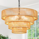 ILLMTW Rattan Chandeliers for Dining Room Light Fixture Boho Pendant Light Farmhouse Black Chandeliers Over Table 6 Light with Large Bamboo Wicker Lamp Shade for Dining Room Kitchen Islan Bedroom