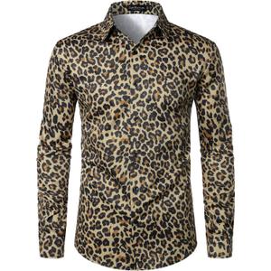 LucMatton Men's Leopard Print Long-Sleeve Button-Up Shirt Vintage Cheetah Animal Pattern Slim-Fit Dress Shirt Khaki Leopard X-Large
